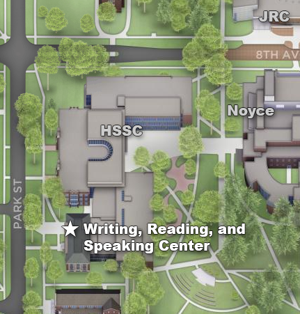 Map showing Writing Center location